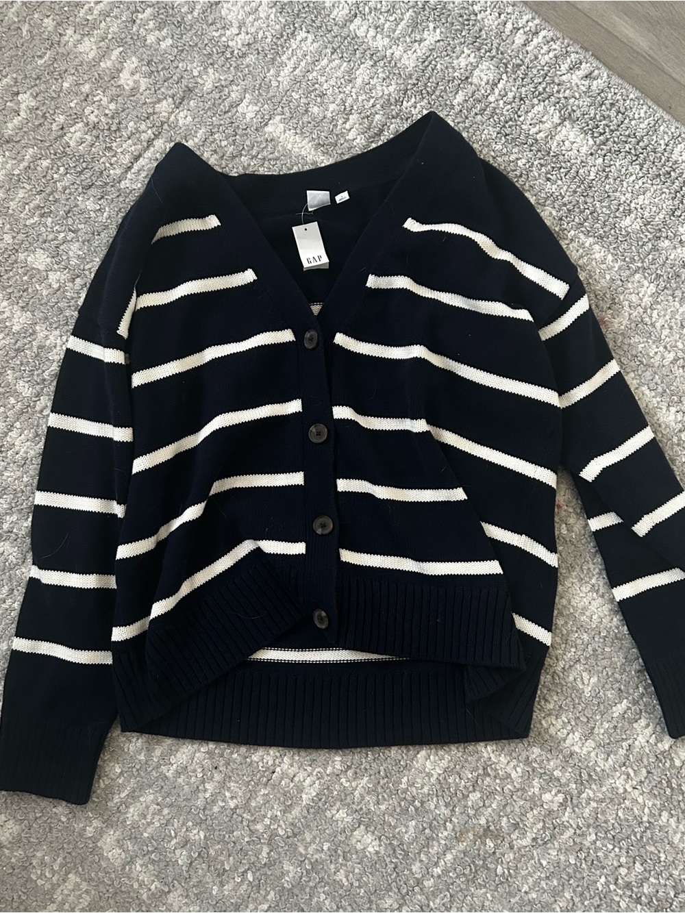 GAP Navy and White Striped V-Neck Cardigan Sweater